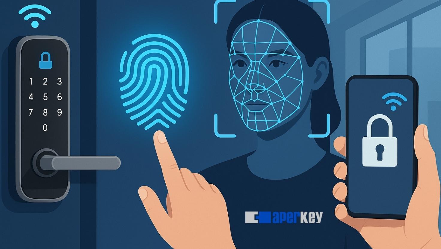 Aperkey - Tendencias en cerraduras inteligentes y biometría en 2025, imagen con una cara un móvil, una huella dactilar y una cerradura con teclado digital.