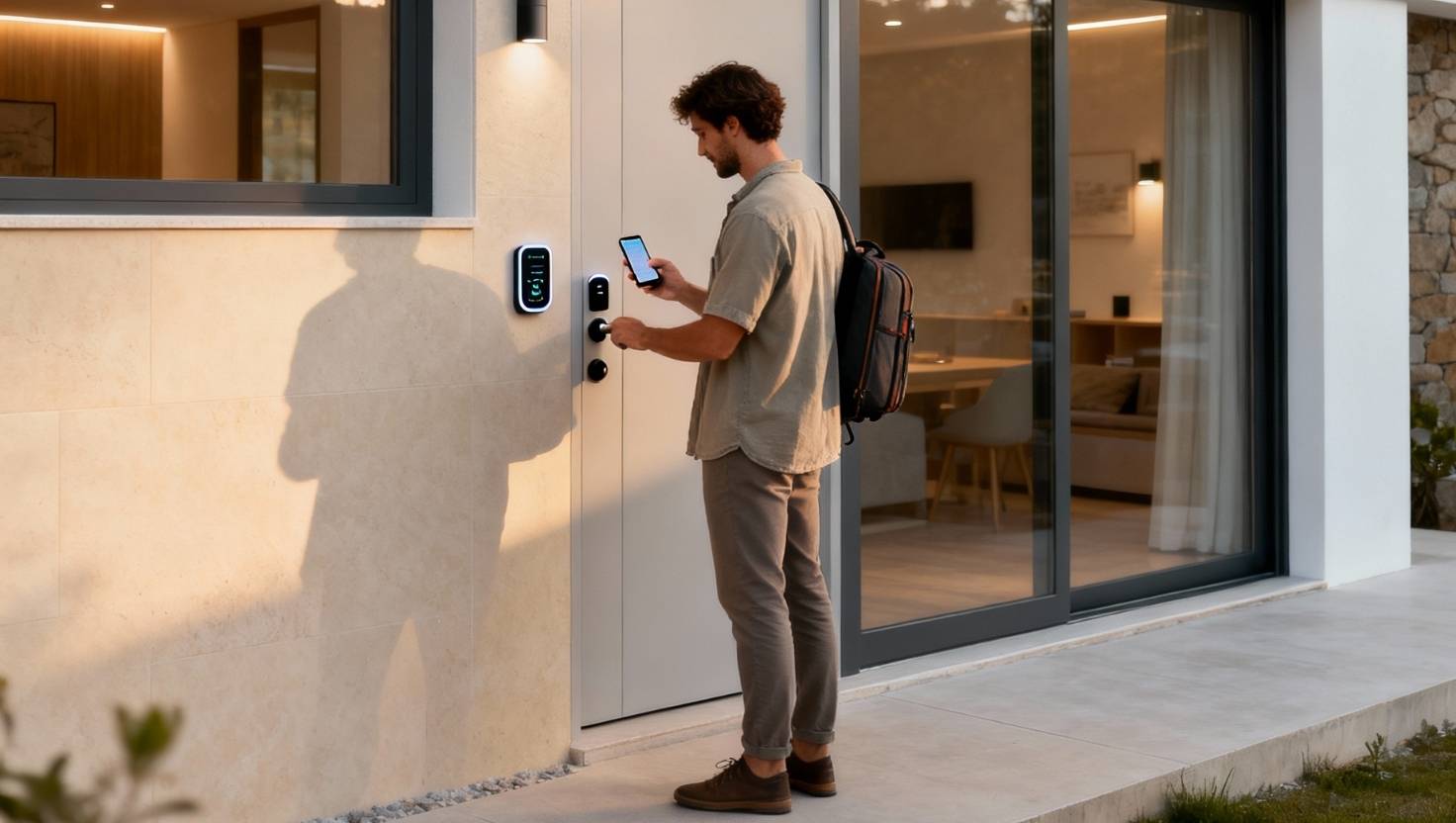 Aperkey, cerraduras inteligentes para alquiler vacacional en Madrid y Asturias. Persona abriendo la puerta de entrada a su casa con un teléfono móvil.