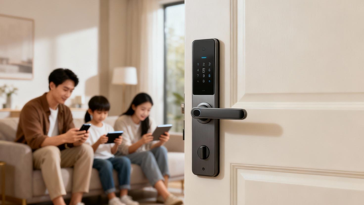 Aperkey - Cerraduras inteligentes y control parental en Madrid y Asturias, guía para familias, vista de una familia con niños segura gracias a la cerradura inteligente.