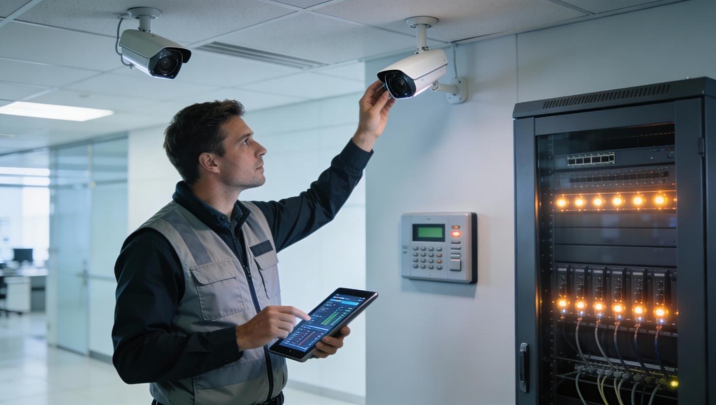Mantenimiento de sistemas de seguridad, técnico revisando una cámara de videovigilancia